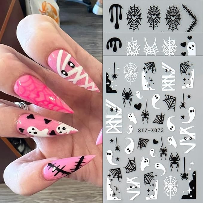 6Pcs Halloween Nail Stickers 3D Spider Web Nail Decals DIY Self Adhesive Ghost Cobweb Nail Design Halloween Nail Decoration Supplies Holiday Manicure Accessories for Women Girls