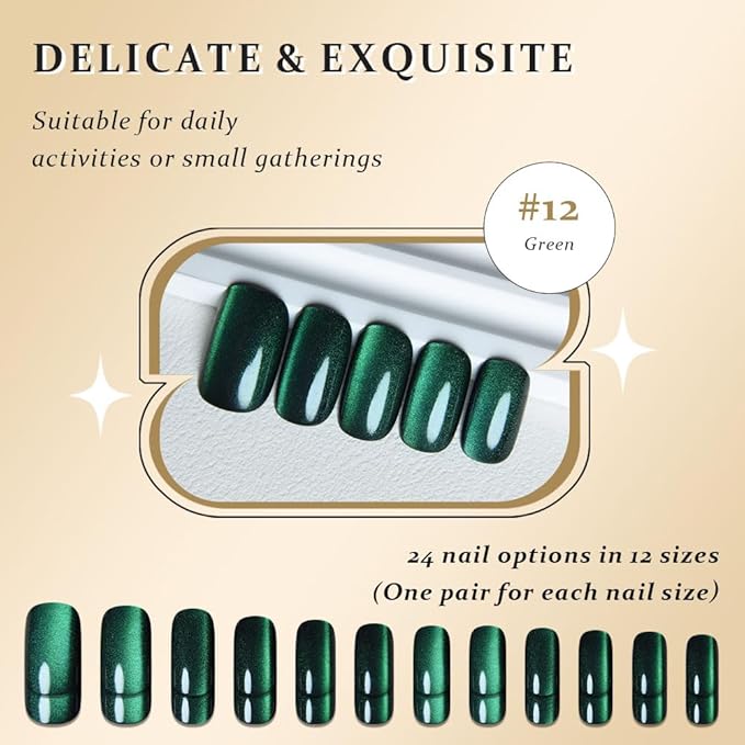 Green Cat Eye Press on Nails Medium Square, Medium Square Press Glue on Nails Chrome for Women Gift, Green Holographic Glitter Glossy Reusable Soft Gel Acrylic Fake Nail with Designs Cateye Effect