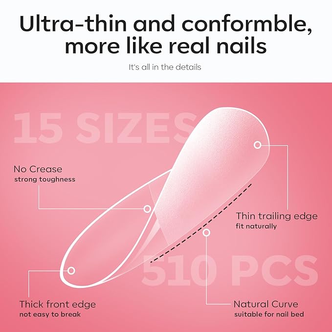 modelones Gel Nail Kit Short Oval Round, Upgrade 510Pcs Fake Nails 15Sizes, 9-in-One Glue Prep Dehydrator & Mini U V Light Clipper, Pre-shaped Half Matte Press on Oval Tips for Extension DIY Salon