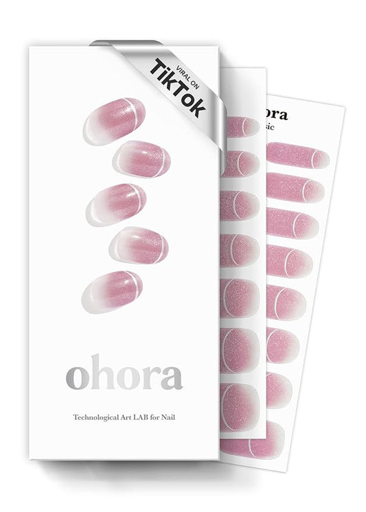 ohora Semi Cured Gel Nail Strips (N Mute Line) - Pink, French, Ombre, Works with Any UV/LED Lamps, Salon-Quality, Long Lasting, Easy to Apply & Remove - Includes 2 Prep Pads, Nail File & Wooden Stick