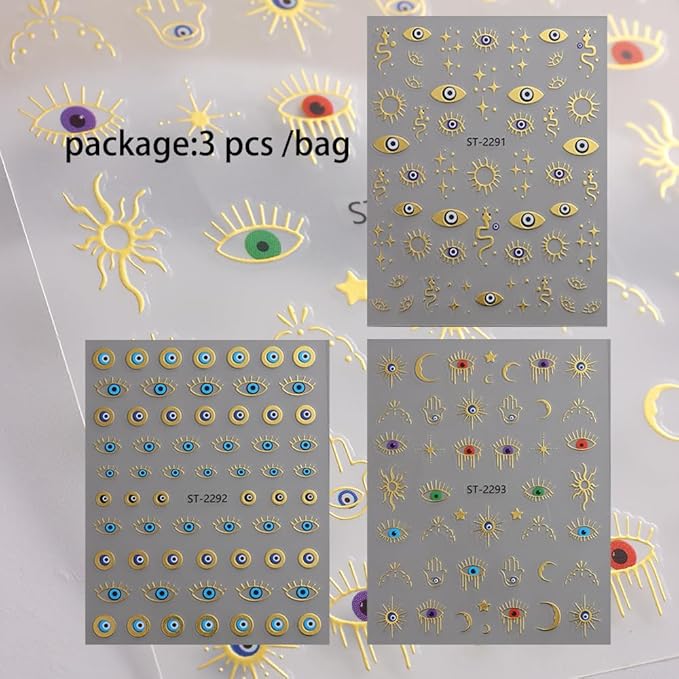 3 Sheets Evil Eye Gold Nail Stickers for Nail Art, 3D Self-Adhesive Star Eye Sun Snake Nail Decals, Nail Supplies Nail Art Design Accessories for Women and Girls Manicure DIY Decoration