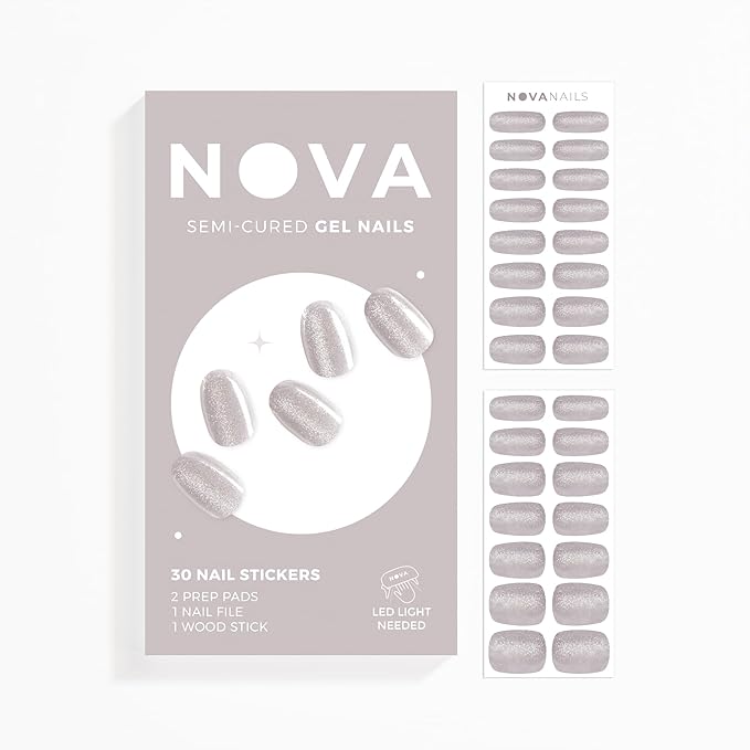 NOVA, Female Founded, Semi Cured Gel Nail Strips (Chinchilla) - The 10 Minute Manicure. Salon-Quality, Works with Any Nail Lamp, Easy to Apply & Remove - Incl. Nail File & Wooden Stick (Chinchilla)
