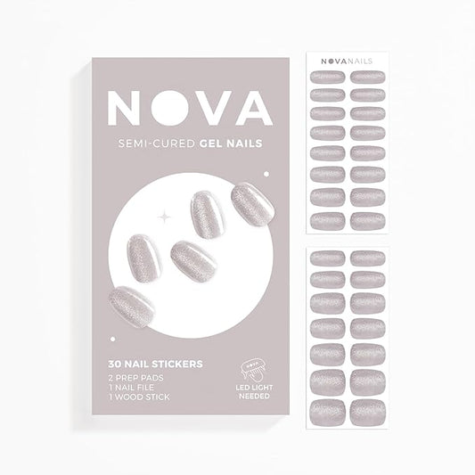 NOVA, Female Founded, Semi Cured Gel Nail Strips (Chinchilla) - The 10 Minute Manicure. Salon-Quality, Works with Any Nail Lamp, Easy to Apply & Remove - Incl. Nail File & Wooden Stick (Chinchilla)