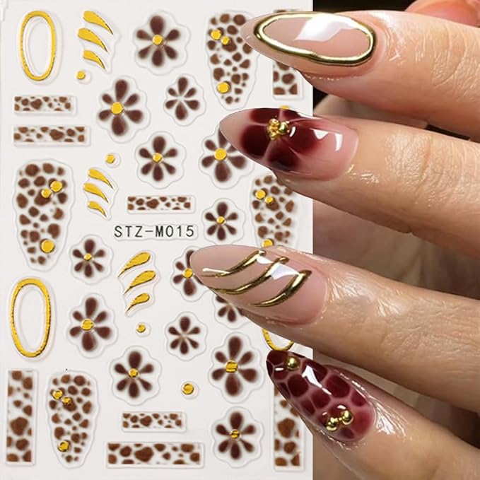 4 Sheet Fall Flower Nail Art Stickers 3D Self-Adhesive French Tip Nail Stickers with Golden Gilding Lines Leopard Print Design Autumn Floral Nail Decals Nail Art Supplies for Women Acrylic Manicure