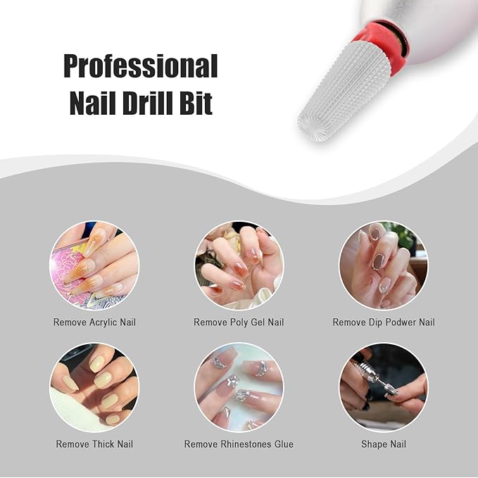 Depvko Super Long 5 in 1 Nail Drill Bits, 3/32'' Carbide Tungsten Bits, Two Way Rotate Professional Advanced Safety Bits for Nail, Fast Remove for Manicure Pedicure (Classic 5in1-Silver, Fine-F)