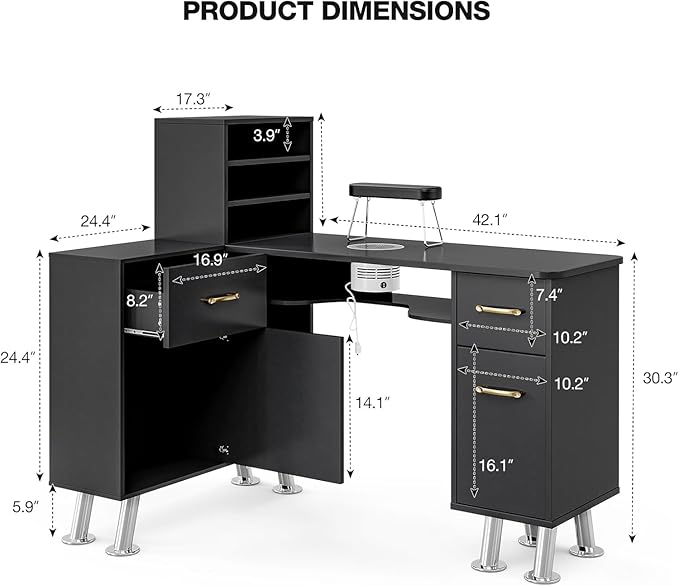 Manicure Table with Shelves, L-Shaped Nail Table Station w/Electric Downdraft Vent, Foldable Nail Arm Rest, Storage Cabinets, Drawers, Metal Handles & Legs for Nail Tech(Black New)