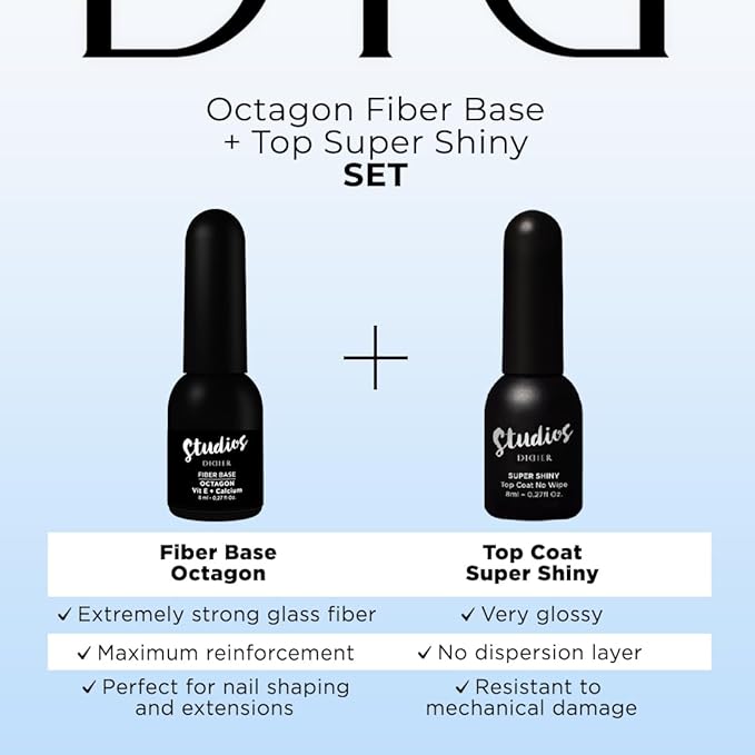 DIDIER LAB Premium Octagon Base and Top Coat Gel Nail Polish - Clear Base Coat Nail Polish and Long Lasting Glossy No Wipe Top Coat - LED UV Nails Polish Soak Off Gel Polish Kit 2pcs