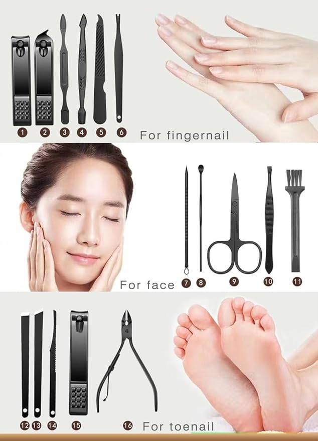 Custom Manicure and Pedicure Set, Customize 16 in 1 Nail Care Kit with Nail Clippers, Cuticle Trimmer, Tweezers, Metal File, Pedicure Tools for Home, Travel or Christmas Birthday Gift Use (Brown)
