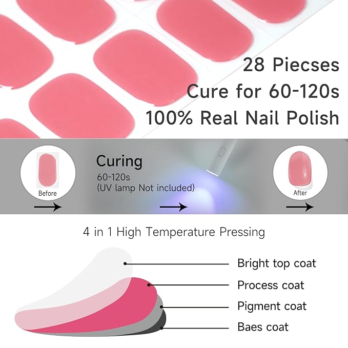 Semi Cured Gel Nail Strips, Peach Blossom red | 28 pcs Gel Nail Strips Work with Any UV Lamp, Salon Quality UV Nails Stickers, Easy to Apply for Home Nails DIY