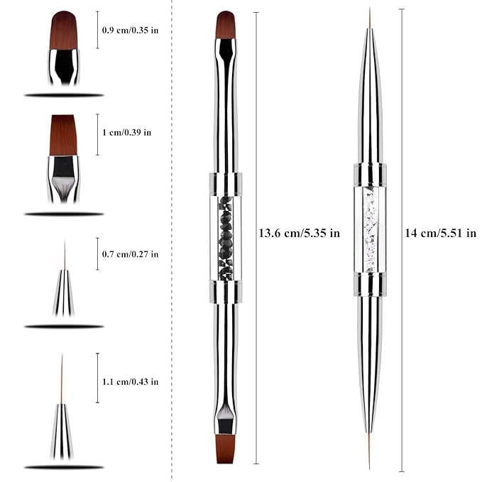 2PCS Professional Nail Art Brushes Set – Dual-Ended French Manicure & Gel Liner Brush with Rhinestone Handle, Acrylic Nails & Home Nail Design (Round head, flat head, wire drawing)