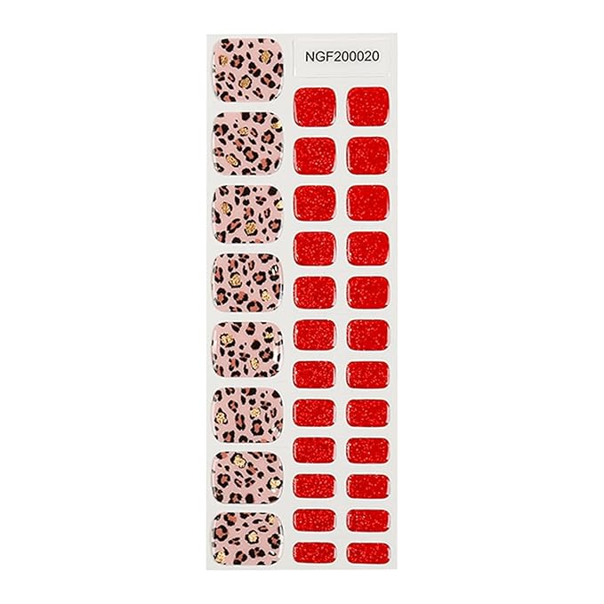 Semi Cured Gel Toenail Strips, 32 Red Leopard Gel Toenail Stickers - Works with Any UV Lamps Pedicure Strips Full Nail Wraps with Nail File & Wood Stick
