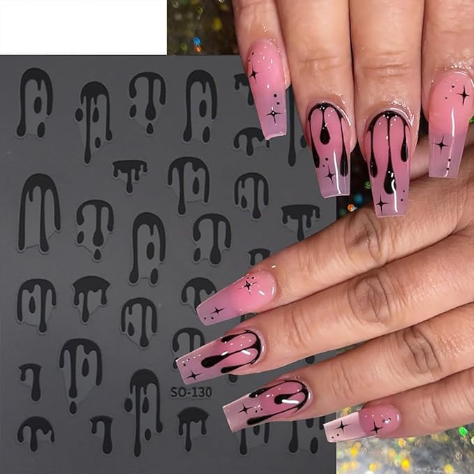 8 Sheets Halloween Nail Stickers for Nail Art Black Pink Laser Gold Nail Decals 3D Self-Adhesive Blood Nail Design Stickers Goth Nails Supply Halloween Nail Art Decoration for Women Manicure Tips