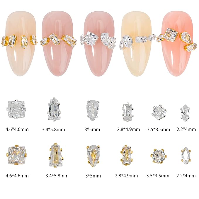 HNUIX 3D Nail Charms and Gems - 120Pcs Copper Metal Zircon, Silver Multiple Shape Smal Crystals Rhinestones, Nail Decorations Accessories for Nails Design