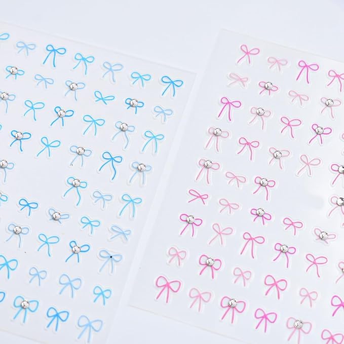 4 Sheets Bow Nail Stickers for Nail Art 5D Self-Adhesive Bow-Knot Nail Decoration Pink Blue Bows Nail Art Stickers with Crystal Diamond Embossed Rhinestones Nail Decals for Women Girls Nail Design