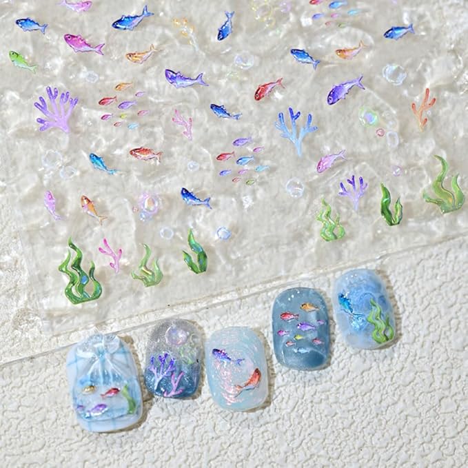Summer Ocean Theme Nail Art Stickers, 5D Self-Adhesive Fish and Coral Decals, 2 Sheets, Embossed Designs for Beach Vacation Nail Decoration