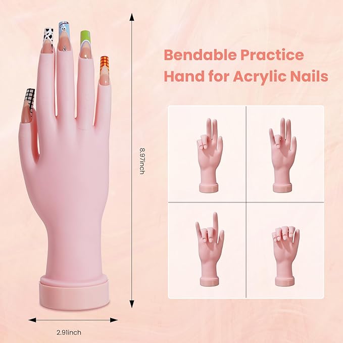 Nail Kit for Beginners with Everything: Practice Hand Acrylic Nail Set Professional Powder Drill Liquid Starter Kits with U V Lamp in Cosmetic Gift Bag for Women Salon Home (Sliver)