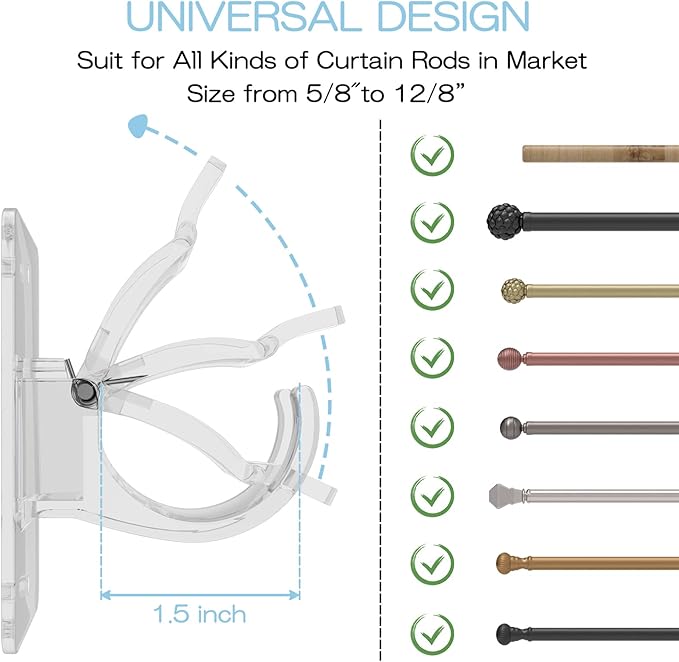 CIEMGNZOC 4PCS No Drill Curtain Brackets, Self-Adhesive Rod Holders, Adjustable Hooks for Rods Under 1.57 Inch (Transparent)