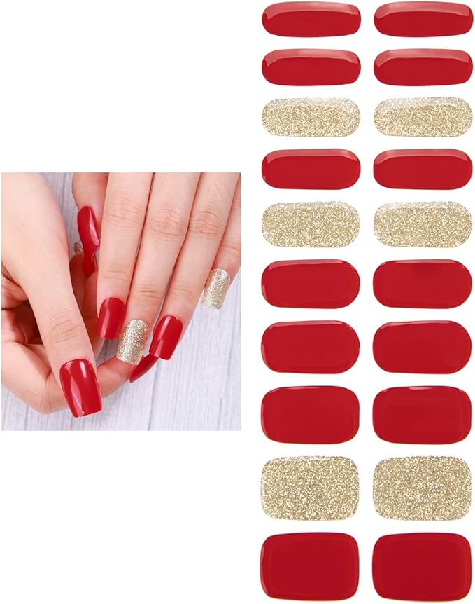 Gel Nail Strips 20 Pcs Wraps - Red Gold Glitter, Easy Apply Gel Nail Stickers Long Lasting, Salon-Quality, 2 Prep Pads, 1 File, 1 Wooden Stick, UV Light Required