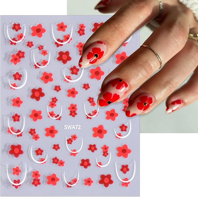 6 Sheets Flower Nail Stickers 3D Self-Adhesive Spring Floral Line Nail Decals for Acrylic Nails, Blue Pink White Flower Nail Art Stickers for Women DIY Nail Art Decoration Supplies