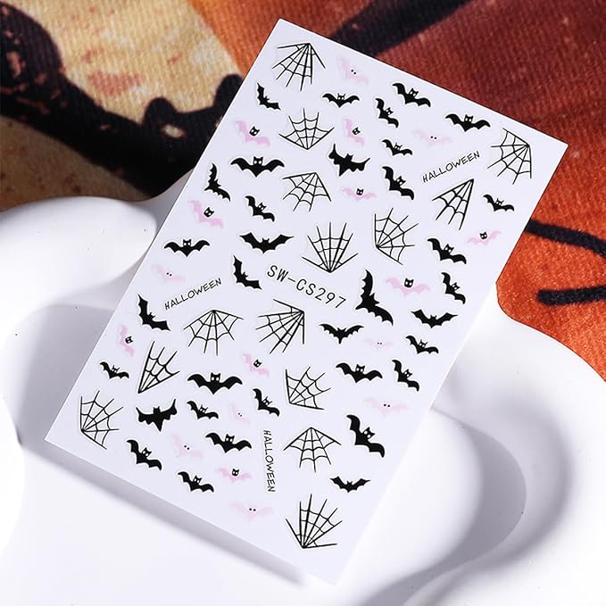 Halloween Nail Art Stickers 3D Bat Spider Web Halloween Nail Decals Self-Adhesive Nail Art Supplies 6PCS Pink Pumpkin Skull Butterfly Skeleton Design Holiday Nail Stickers for Women DIY Nail Salon