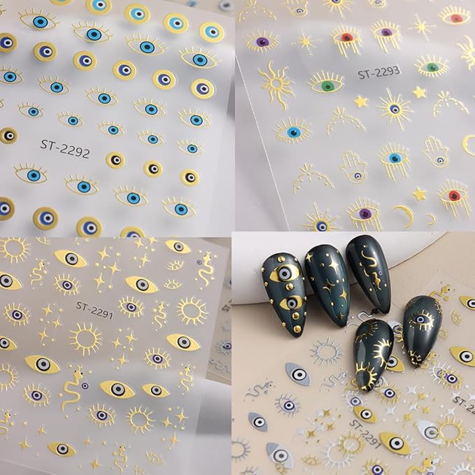 3 Sheets Evil Eye Gold Nail Stickers for Nail Art, 3D Self-Adhesive Star Eye Sun Snake Nail Decals, Nail Supplies Nail Art Design Accessories for Women and Girls Manicure DIY Decoration