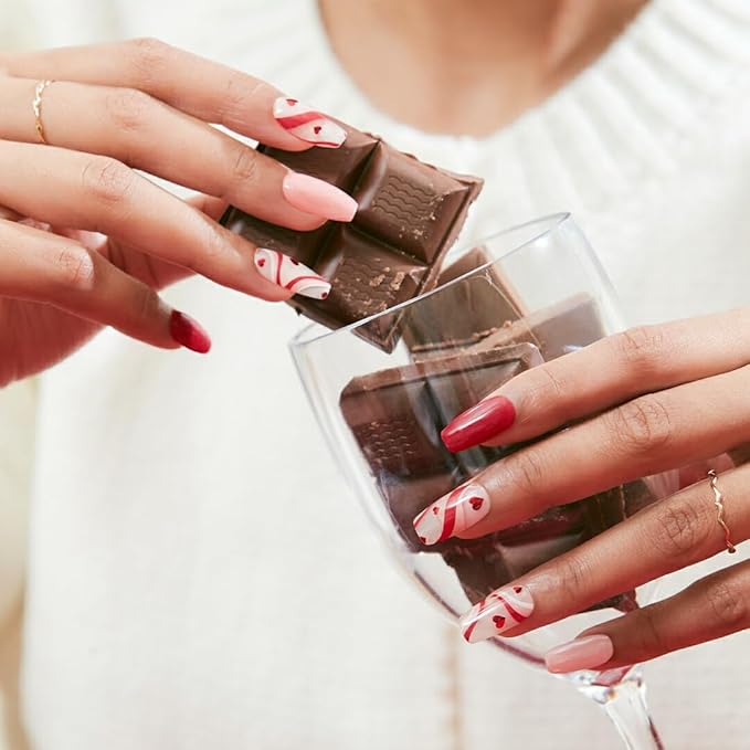 ohora Semi Cured Gel Nail Strips (N Cupid's Trace) - Red, Pattern, Works with Any UV/LED Lamps, Salon-Quality, Long Lasting, Easy to Apply & Remove - Includes 2 Prep Pads, Nail File & Wooden Stick