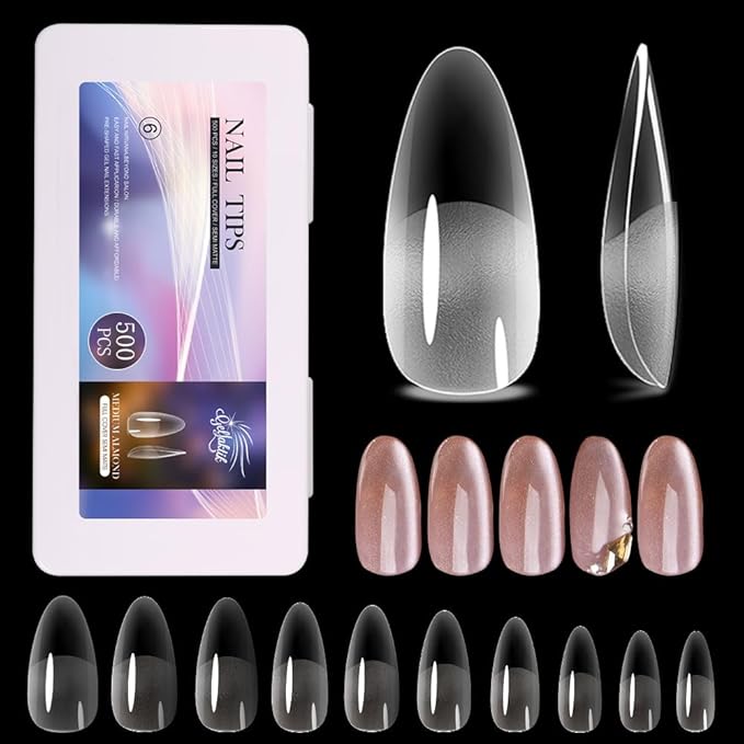 Medium Almond Nail Tips 500PCS, Clear Acrylic Full Cover Gel Press on Nail Tips for DIY, 10 Sizes Pre-Shaped False Nails with Half Matte Finish, Professional Manicure Kit & Easy Application