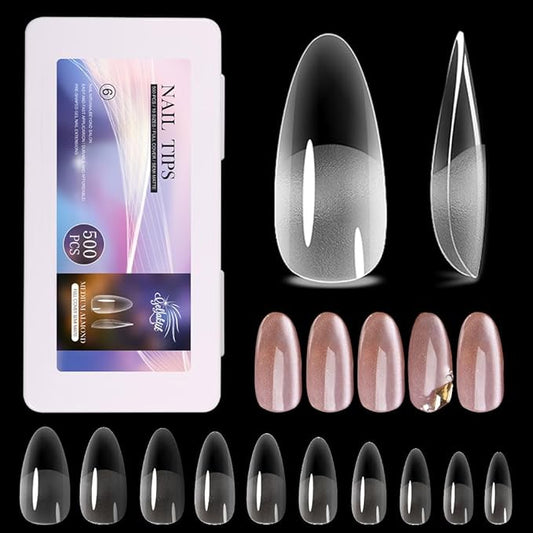 Medium Almond Nail Tips 500PCS, Clear Acrylic Full Cover Gel Press on Nail Tips for DIY, 10 Sizes Pre-Shaped False Nails with Half Matte Finish, Professional Manicure Kit & Easy Application