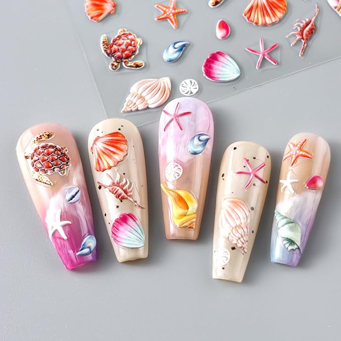 2pcs Summer Nail Stickers Starfish Seashell Turtle 5D Acrylic Engraved Nail Decals Ocean Theme Self-Adhesive Sliders Beach Nail Stickers for Women Girl Manicure Decoration Nails Supplies