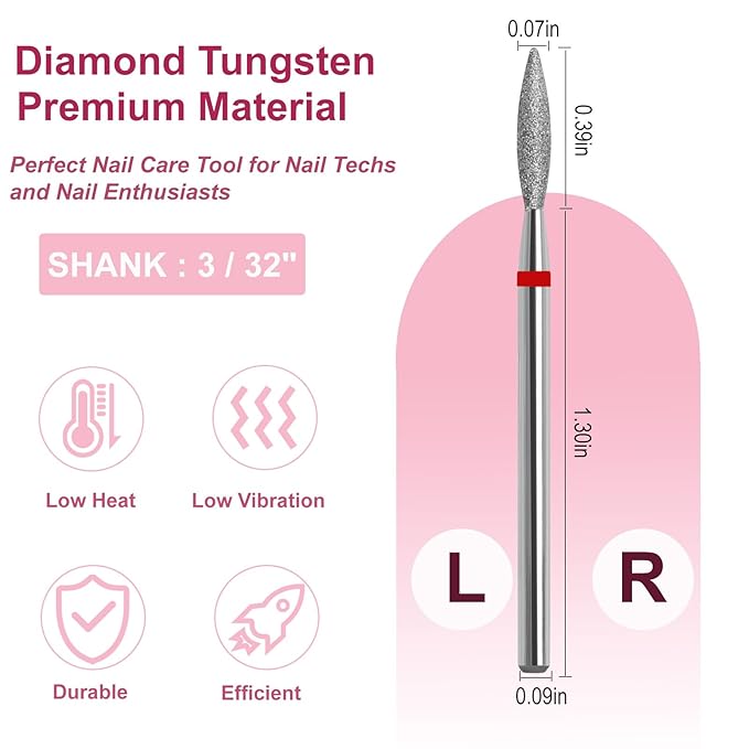 Cuticle Clean Nail Drill Bit, 3/32" Russian Diamond Nail File bits, Safety Carbide Under Nail Cleaner for Cuticle Dead Skin Nail Prepare, Nail Salon Manicure, Flame Shape (Fine)