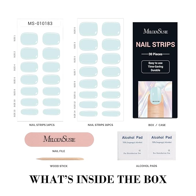 MelodySusie 30PCS Semi Cured Gel Nail Strips (Powder Blue), Works with Nail lamp, Salon Quality, Long Lasting, Easy to Apply and Remove - Includes 2 Prep Pads, Nail File and Wooden Stick