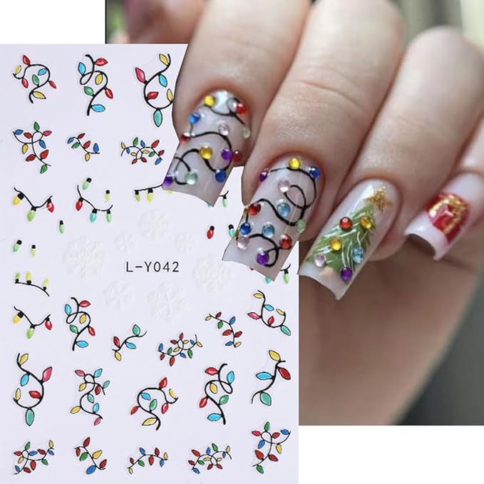 3 Sheets Christmas Nail Art Stickers Santa Claus Nail Decals with Xmas Tree Colored Light Design 3D Self-Adhesive Glowing Nail Stickers Acrylic Nail Supplies for Women DIY Christmas Decorations