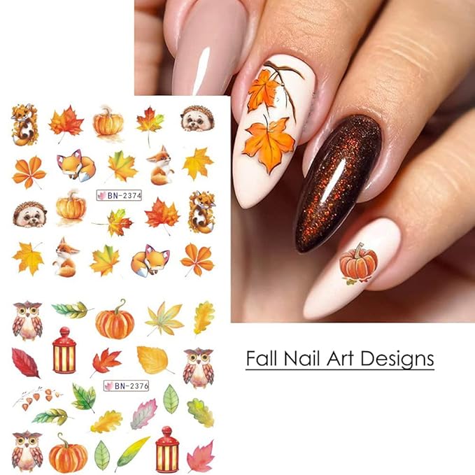 Fall Nail Art Stickers Autumn Nail Water Decals Maple Leaf Pumpkin Small Animals Thanksgiving Nail Stickers Water Transfer Foil Designs Nail Decals for Women Girls DIY Nail Decorations (12 Sheets)