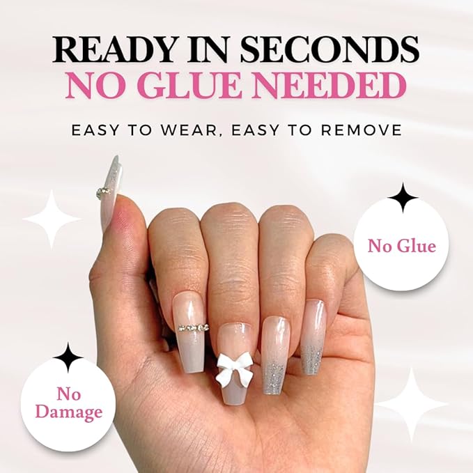 Perfect Look Press On Nails - Bridal Glow | No Glue One-Day Coffin Nails, Nude Gloss Finish Nails with Glitter French Tips - 24 Pcs Nail Kit with Adhesive Tabs