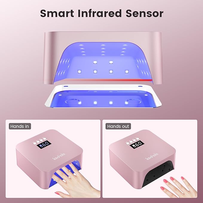 Lavinda 48W UV Nail Lamp, Rechargeable Cordless UV Light for Gel Nails LED Nail Dryer with Auto Sensor, 4 Timer Settings & LCD Display, Fast Curing Light All Gel Polish for Home&Salon (Rose Gold X7)