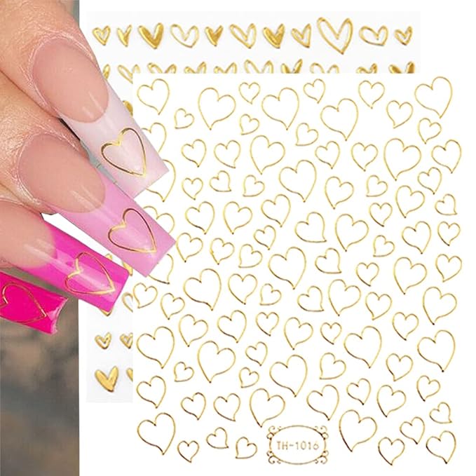 9 Sheets Heart Nail Art Stickers - Metallic Nail Decals 3D Valentine's Day Nail Art Supplies Heart Love Glitter Gold Silver Nail Designs Sticker for Women Girls Valentine’s DIY Manicure Decorations