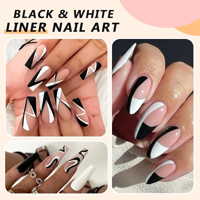 Painting Nail Gel Liner Polish Set, 2pcs 8ml Black White Glossy Painting Drawing Line Swirl French Nail Design DIY Manicure Soak Off UV Curing with Thin Nail Art Brush