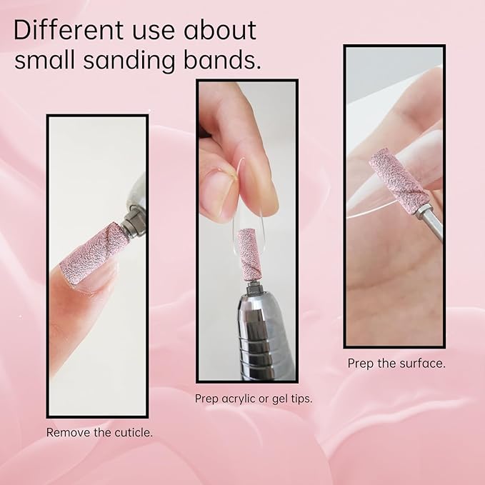 Small Sanding Bands Nail Drill Bits, Corfulra 240 Extreme Fine Grit Nail File Sanding Bands for Nail Drill with 3.1mm Mandrel Bit, 100Pcs Mini Sanding Bands for Natural Nails, Cuticles, Pink