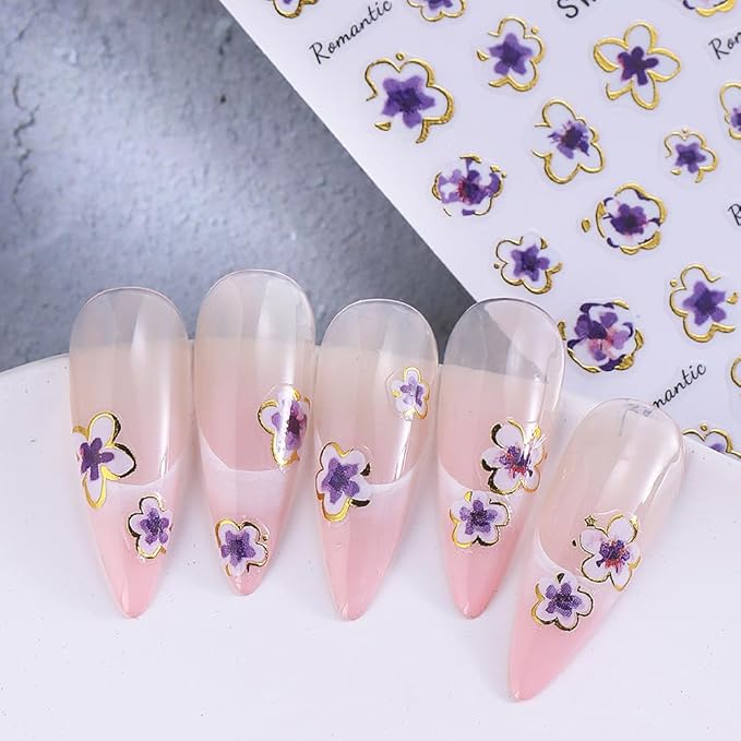 Flower Nail Art Stickers Decals 3D Pink Flower Nail Stickers Self-Adhesive Summer Nail Art Decorations Supplies 6PCS Bronzing Gold Edge Pink Purple Floral Petal Nail Decals Manicure Sliders for Women