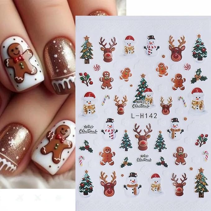 Christmas Nail Art Stickers Decals Santa Claus Christmas Tree 3D Self-Adhesive Xmas Nail Decals Nail Art Supplies 6PCS Gingerbread Man Bell Elk Penguins Design Holiday Nail Stickers for Women Girls