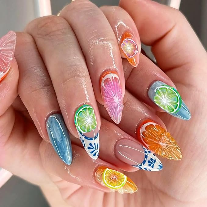 5D Embossed Fruit Nail Art Stickers, Lemon Kiwi Design, Colorful Summer Nail Decals, 2 Pieces