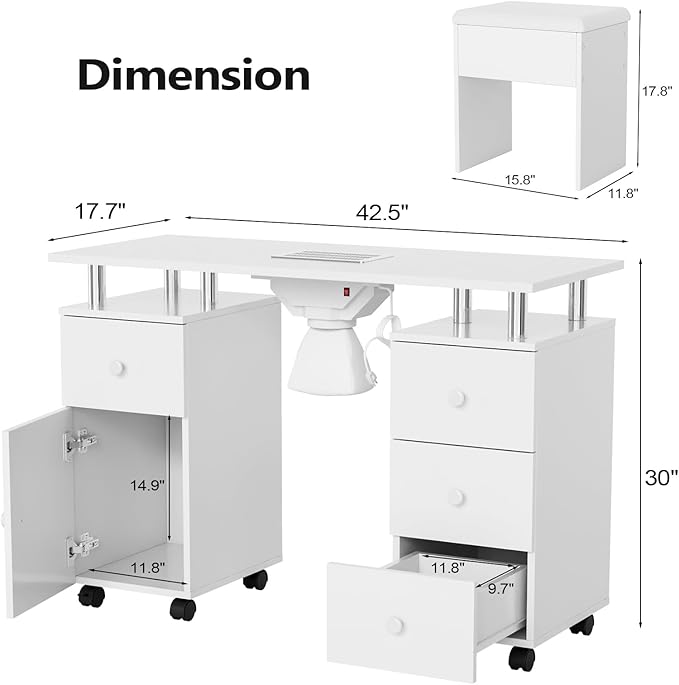 OmySalon Nail Desk and Chair Set, with Stool, Dust Collector, Arm Rest & Wheels, Acetone Resistant Desktop, Manicure Table Nail Table Station for Nail Tech w/Drawers Storage (White)