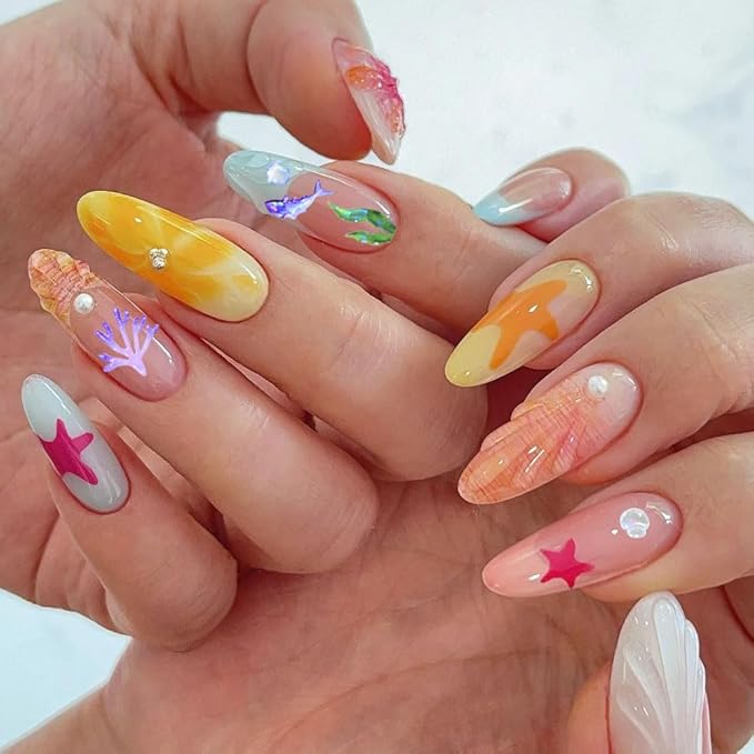 Summer Ocean Theme Nail Art Stickers, 5D Self-Adhesive Fish and Coral Decals, 2 Sheets, Embossed Designs for Beach Vacation Nail Decoration