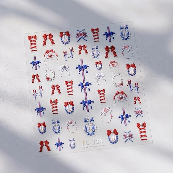 5D Embossed Bows Nail Stickers, Pearl Nail Art Sticker Self-Adhesive Nail Decals for Women Red and Blue Nail Supplies Art Design Stickers (1, Red and Blue)