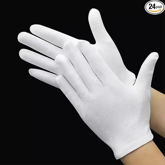 12 Pairs White Cotton Gloves for Eczema Dry Hands Breathable Work Glove Liners Moisturizing Spa Jewelry Inspection Etiquette Gloves Stretchy Fit for Men Women 24PCs Archival Photo Gloves (Large)