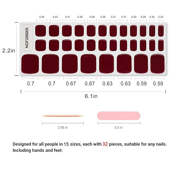 Semi Cured Gel Toenail Strips, 32 Burgundy Gel Toenail Stickers - Works with Any UV Lamps Pedicure Strips Full Nail Wraps with Nail File & Wood Stick