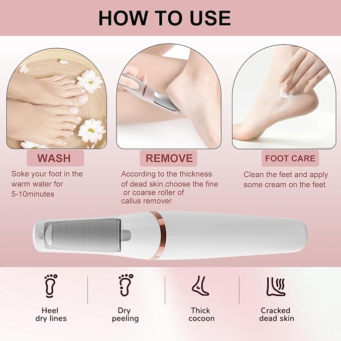 Electric Callus Remover for feet,Rechargeable Foot Callus Remover -2 Speed Adjustable,Coarse & Fine Roller - Electric Hard Skin Removal for Feet-Smooth feet in Seconds for Women & Men (White)