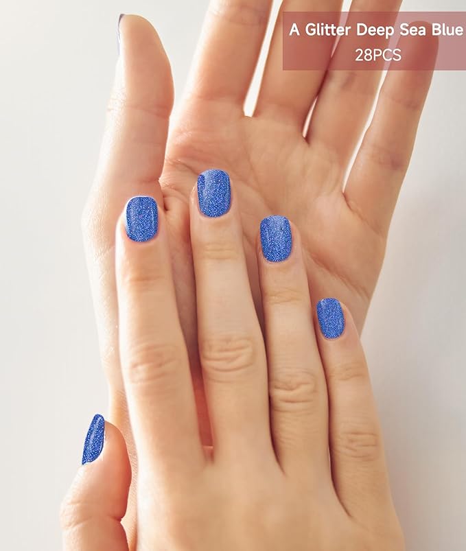 Semi Cured Gel Nail Strips (Glitter Deep Sea Blue), 28 pcs UV Gel Nail Stickers for Women Work with Any UV Lamps, Salon Quality Nails Wraps for Home DIY Nails Art