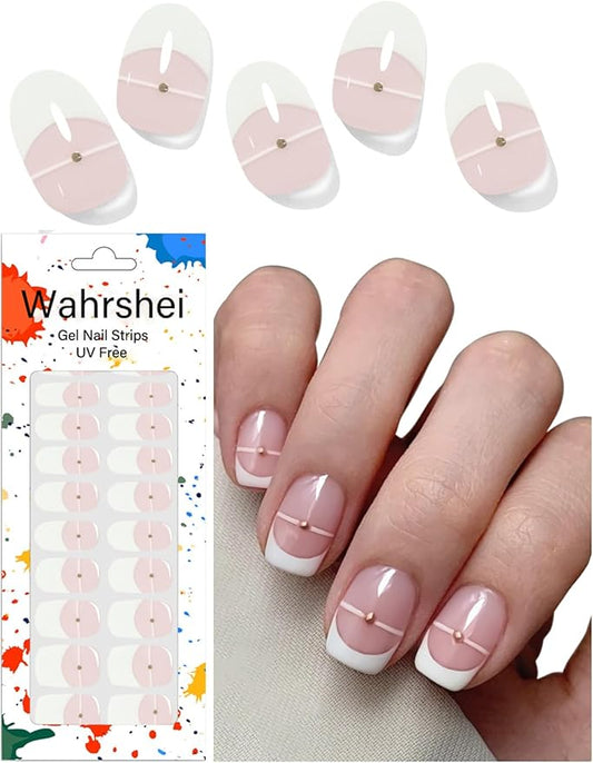 Gel Nail Strips No UV, French, UV Free, Long Lasting Gel Stickers - Contains 22 Wraps, 1 Prep Pad, 1 File