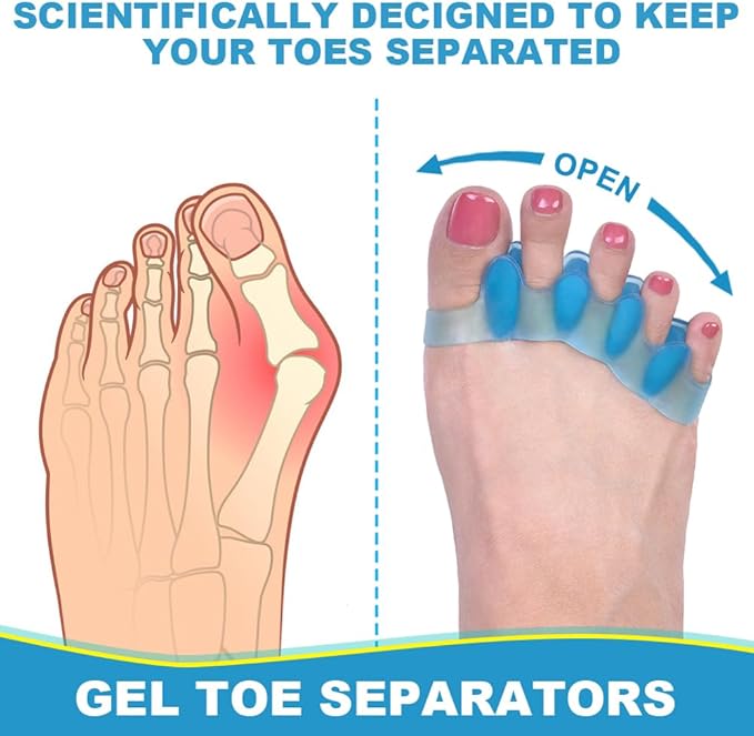 ROOCKE 4 Pcs Gel Toe Spacers for Women,Correct Hammer Toe Bunion Corrector for Men,Big Toe Spreaders,Yoga Toe Separators,Straightener for Overlapping Toes (Blue)